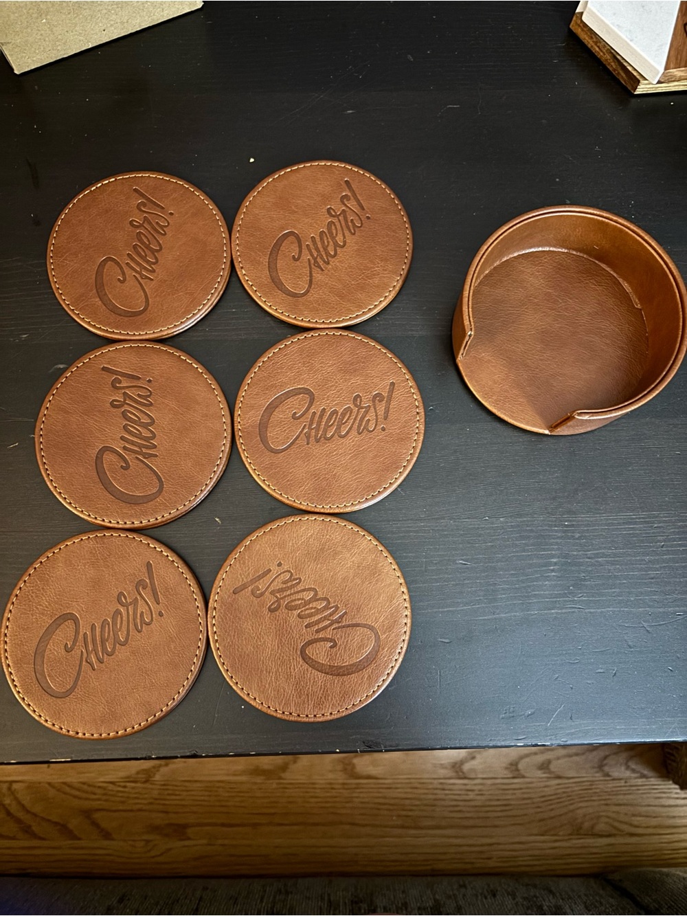 Brown Leather 'Cheers!' Coaster Set with Matching Holder